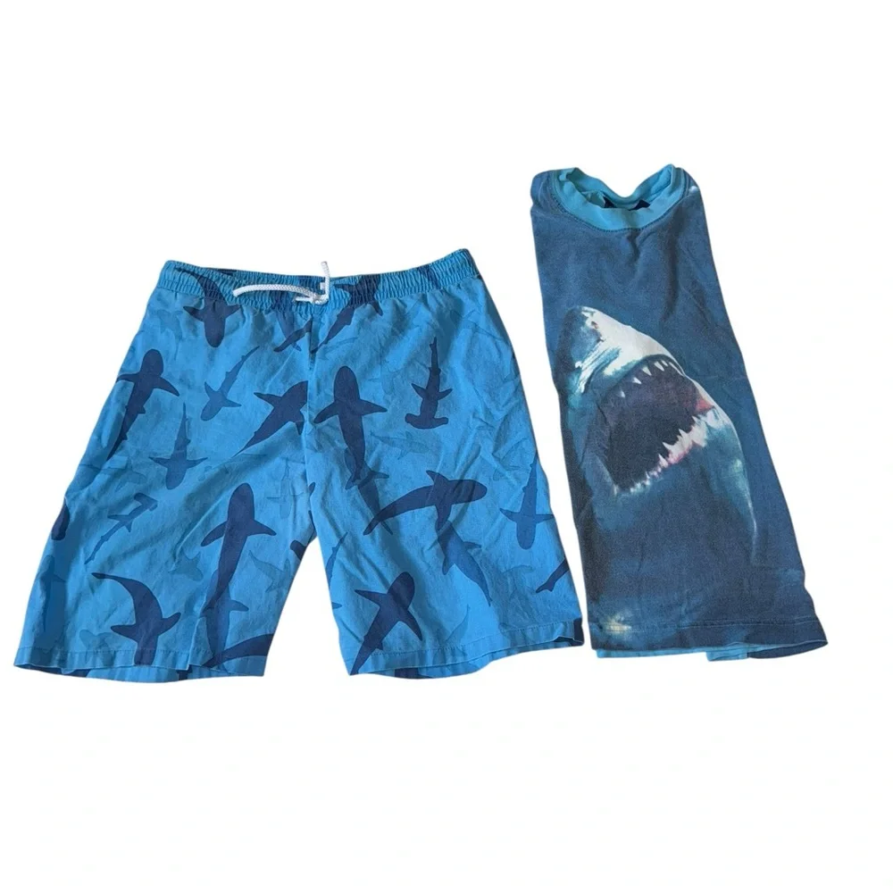 Mini Boden Blue Shark Swim Trunks & T-Shirt Set Size 9-10 Years